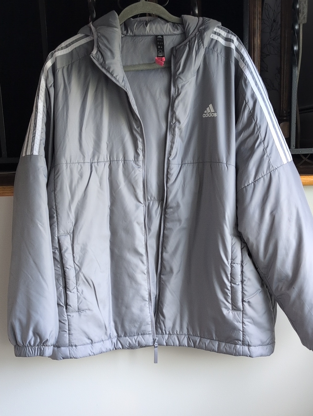 adidas Mens Gray Hooded Puffer Jacket.